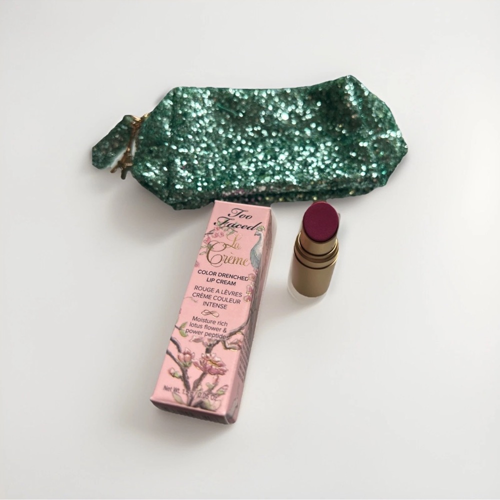 Too Faced Mini La Crème Lipstick in Mean Girls & Bag